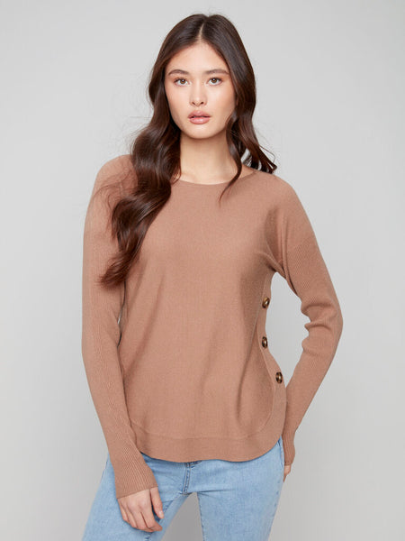 Charlie B Boatneck Sweater with Side Button Detail - Truffle