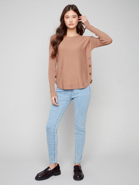 Charlie B Boatneck Sweater with Side Button Detail - Truffle