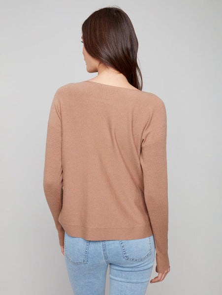 Charlie B Boatneck Sweater with Side Button Detail - Truffle