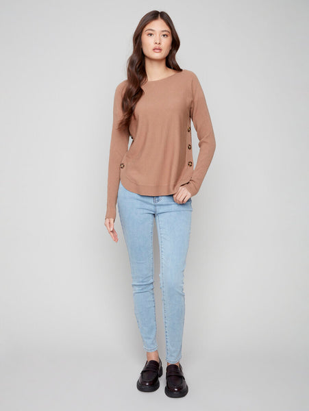 Charlie B Boatneck Sweater with Side Button Detail - Truffle