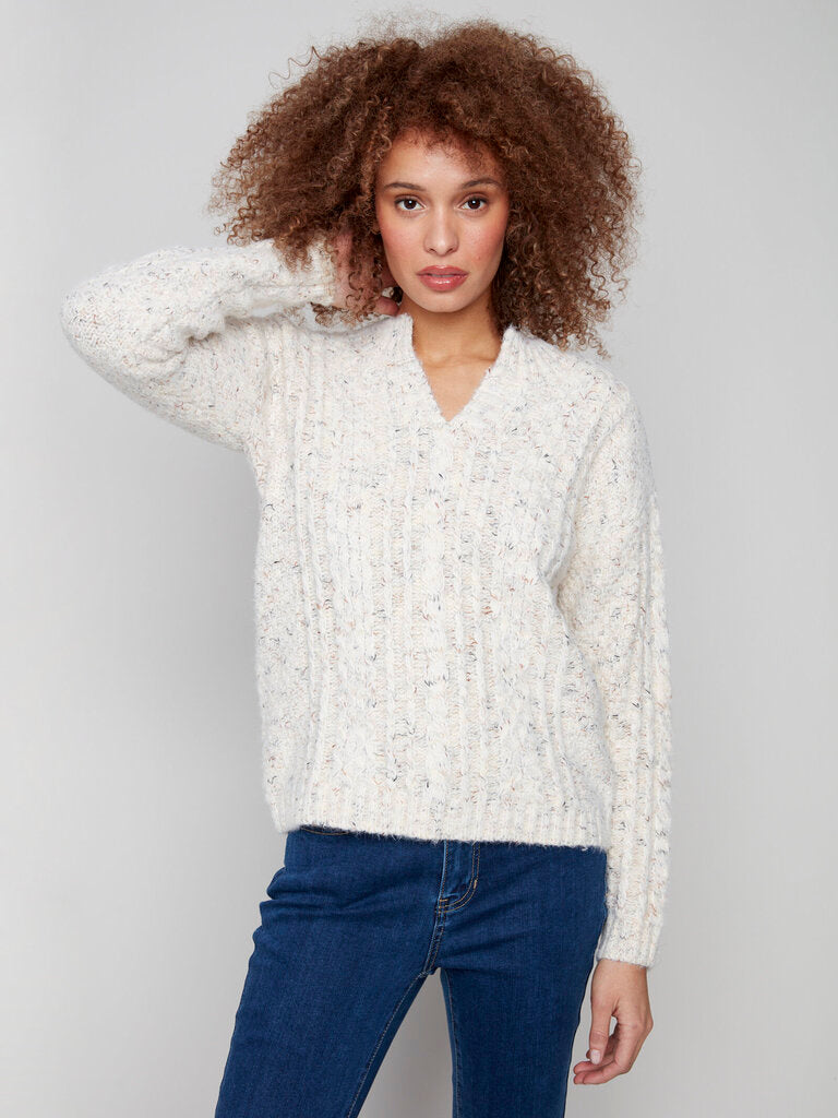 Charlie B Notched Neck Eyelash Yarn Sweater - Ecru