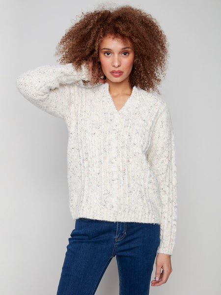 Charlie B Notched Neck Eyelash Yarn Sweater - Ecru