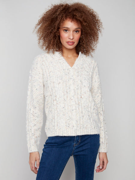 Charlie B Notched Neck Eyelash Yarn Sweater - Ecru