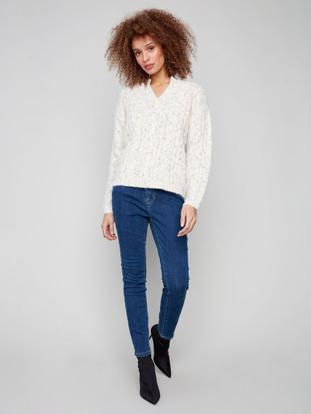 Charlie B Notched Neck Eyelash Yarn Sweater - Ecru