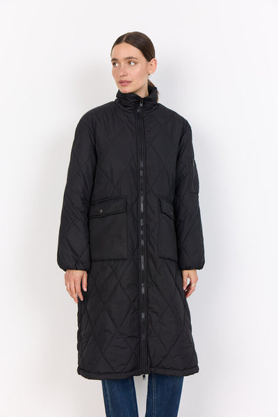 Soyaconcept 'Fenya' Diamond Quilt Long Coat - Black