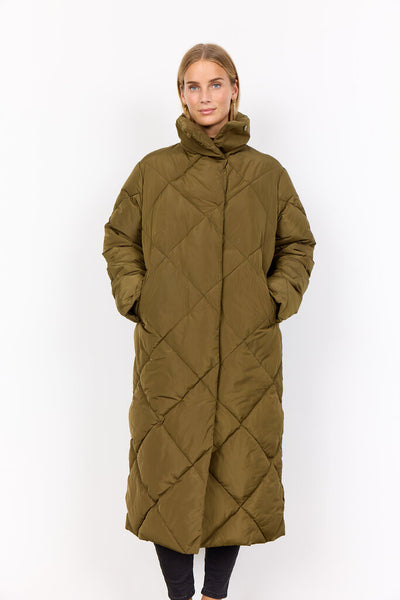 Soyaconcept 'Nina' Quilted Long Puffer Coat - Dark Olive