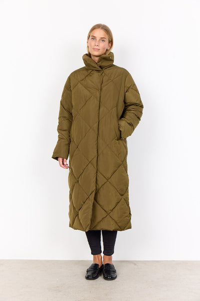 Soyaconcept 'Nina' Quilted Long Puffer Coat - Dark Olive