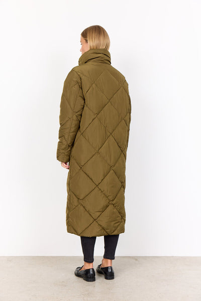Soyaconcept 'Nina' Quilted Long Puffer Coat - Dark Olive