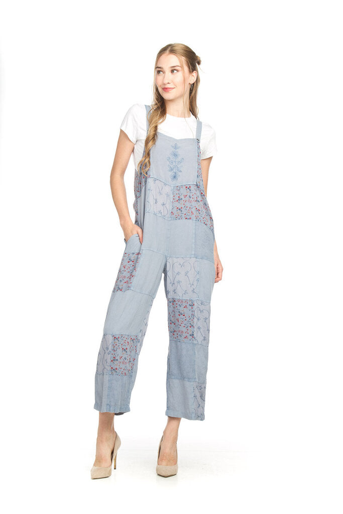 Papillon Embroidered Patchwork Overalls - Denim