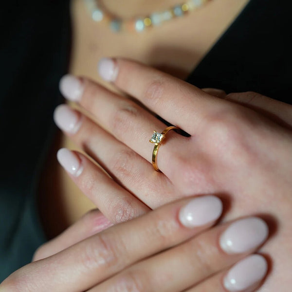 Hackney NIne 'Adhika' Classic Gold Ring w/ Square CZ Stone