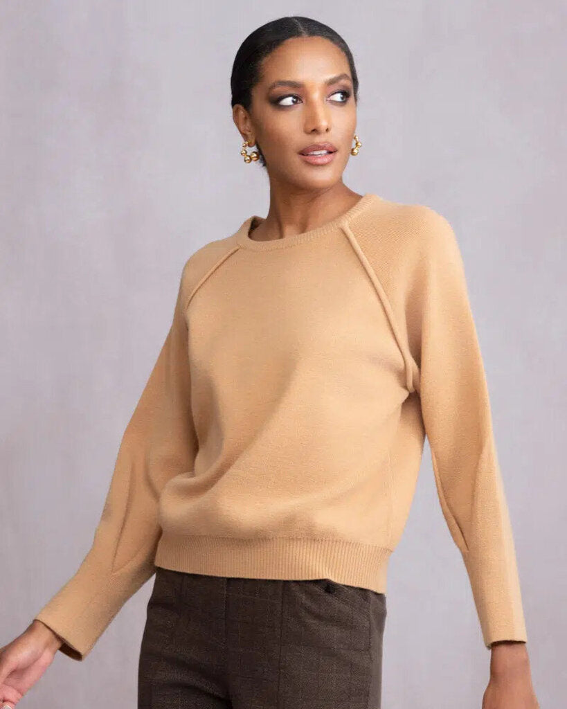 Alison Sheri Beige Pullover Sweater with Piping