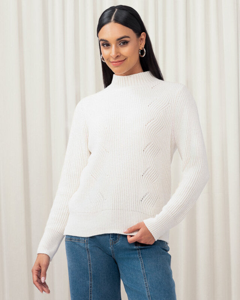 Elena Wang Chenille Knit Mock Neck Sweater - Off-White