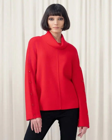Elena Wang Cowl Neck Button Sleeve Sweater - Red