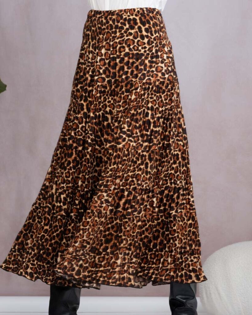 Alison Sheri Leopard Print Tiered Pleated Skirt