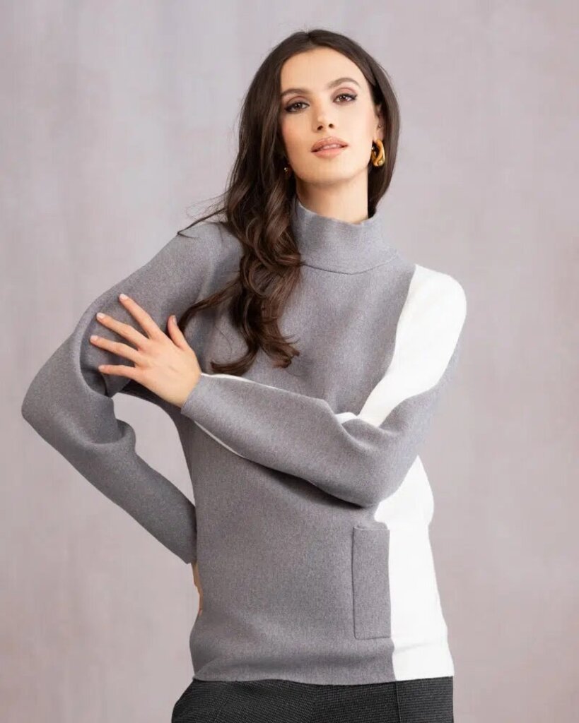 Alison Sheri Grey/White Mock Neck Sweater