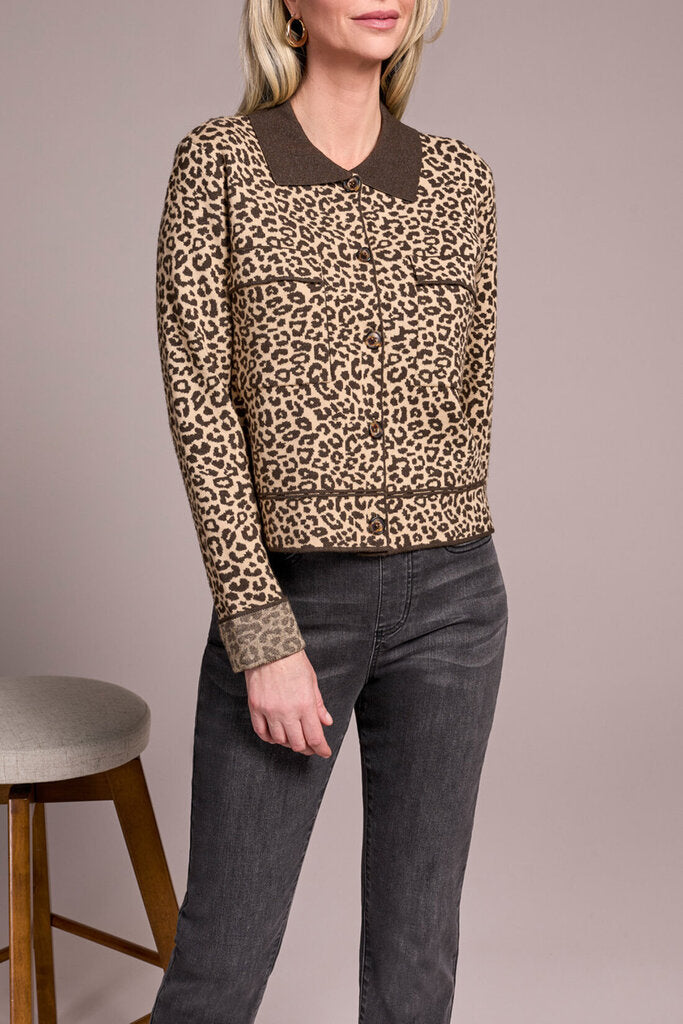 Tribal Striped Double Knit Collared Cardigan - Leopard