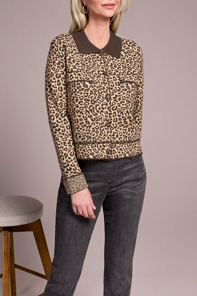 Tribal Striped Double Knit Collared Cardigan - Leopard