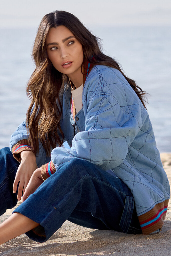 Tribal Oversized Denim Quilted Bomber Jacket