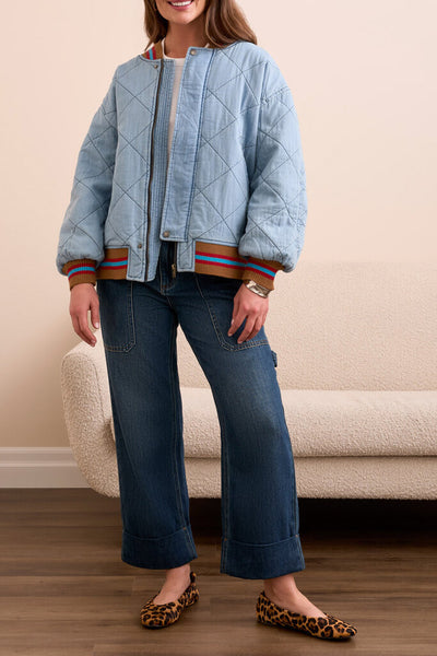 Tribal Oversized Denim Quilted Bomber Jacket