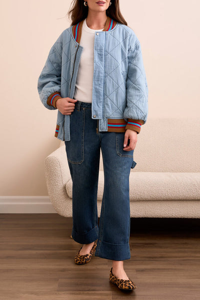 Tribal Oversized Denim Quilted Bomber Jacket