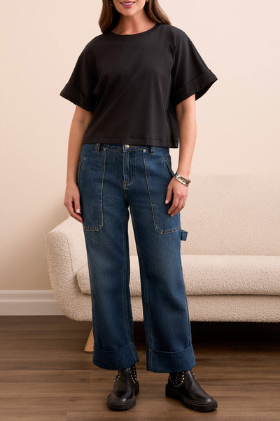 Tribal 'Blue Thread' Crew Neck Tee w/ Rolled Sleeve - Black