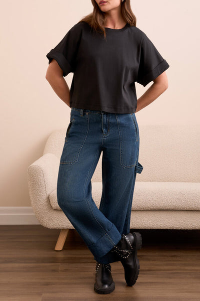 Tribal 'Blue Thread' Crew Neck Tee w/ Rolled Sleeve - Black