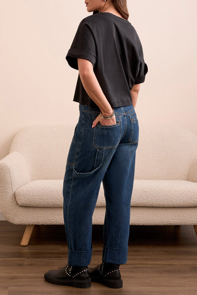 Tribal 'Blue Thread' Crew Neck Tee w/ Rolled Sleeve - Black