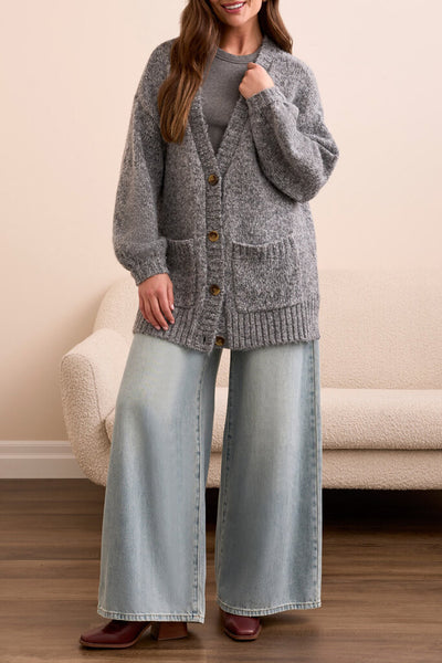 Tribal Oversized Puff Sleeve Cardigan - Charcoal