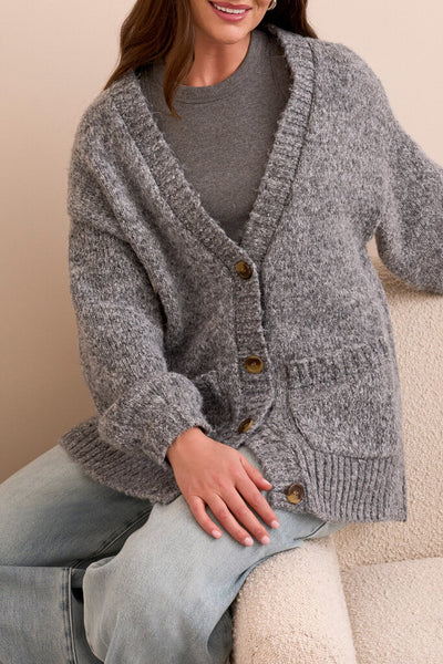 Tribal Oversized Puff Sleeve Cardigan - Charcoal