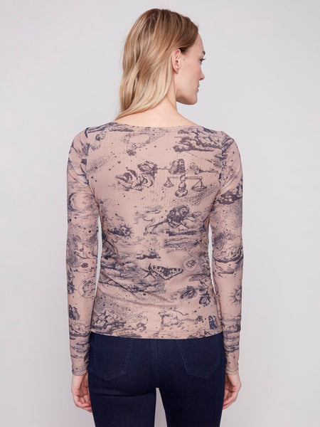 Charlie B Printed Rouched Mesh Top - Astrology