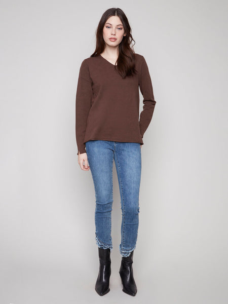 Charlie B Plushy V-Neck Sweater - Mocha