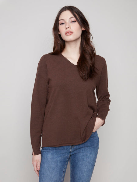 Charlie B Plushy V-Neck Sweater - Mocha