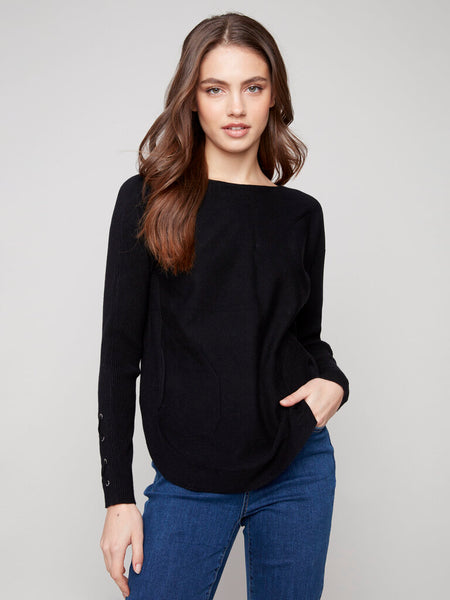 Charlie B Lace Cuff Sweater - Black