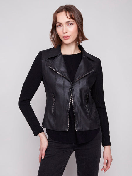 Charlie B Metallic Faux Leather & Rib Knit Jacket