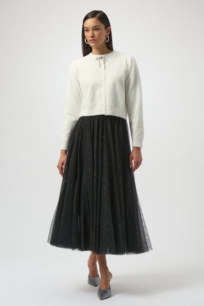 Joseph Ribkoff 254955 Feather Yarn Rhinestone Bow Cardigan