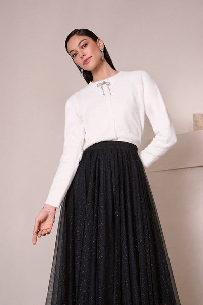 Joseph Ribkoff 254955 Feather Yarn Rhinestone Bow Cardigan