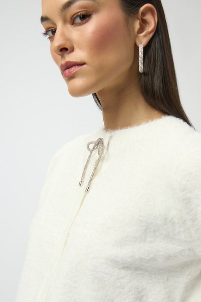 Joseph Ribkoff 254955 Feather Yarn Rhinestone Bow Cardigan