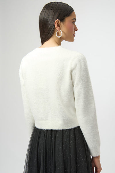 Joseph Ribkoff 254955 Feather Yarn Rhinestone Bow Cardigan