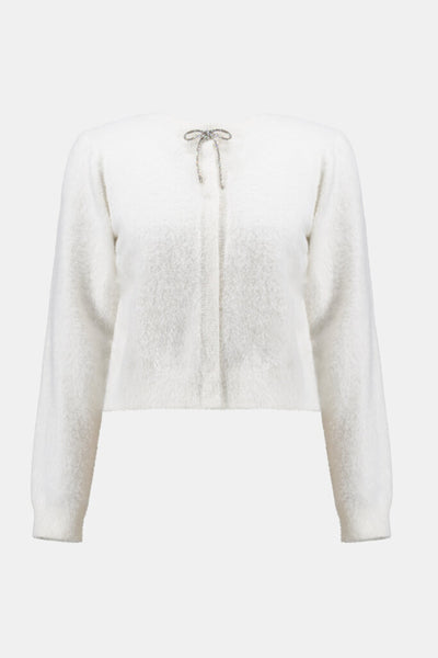 Joseph Ribkoff 254955 Feather Yarn Rhinestone Bow Cardigan