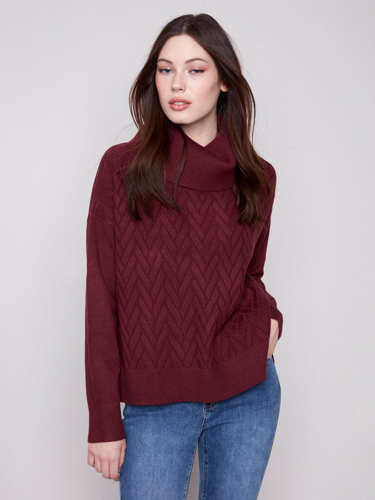 Charlie B Cowl Neck Knit Sweater with Side Detail - Cabernet