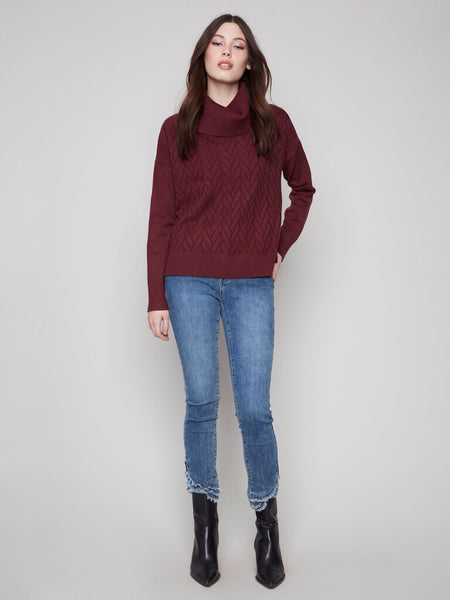 Charlie B Cowl Neck Knit Sweater with Side Detail - Cabernet