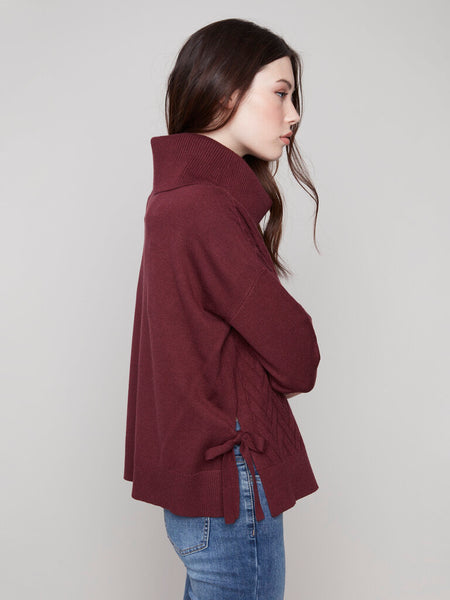 Charlie B Cowl Neck Knit Sweater with Side Detail - Cabernet