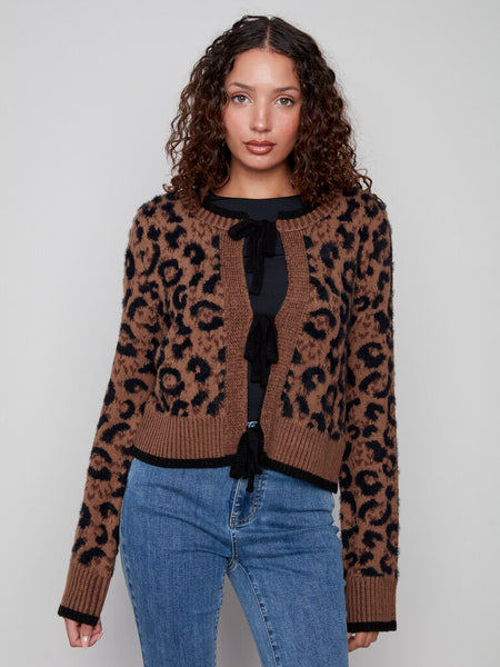 Charlie B Front Bow Tie Jacquard Knit Cardigan - Leopard
