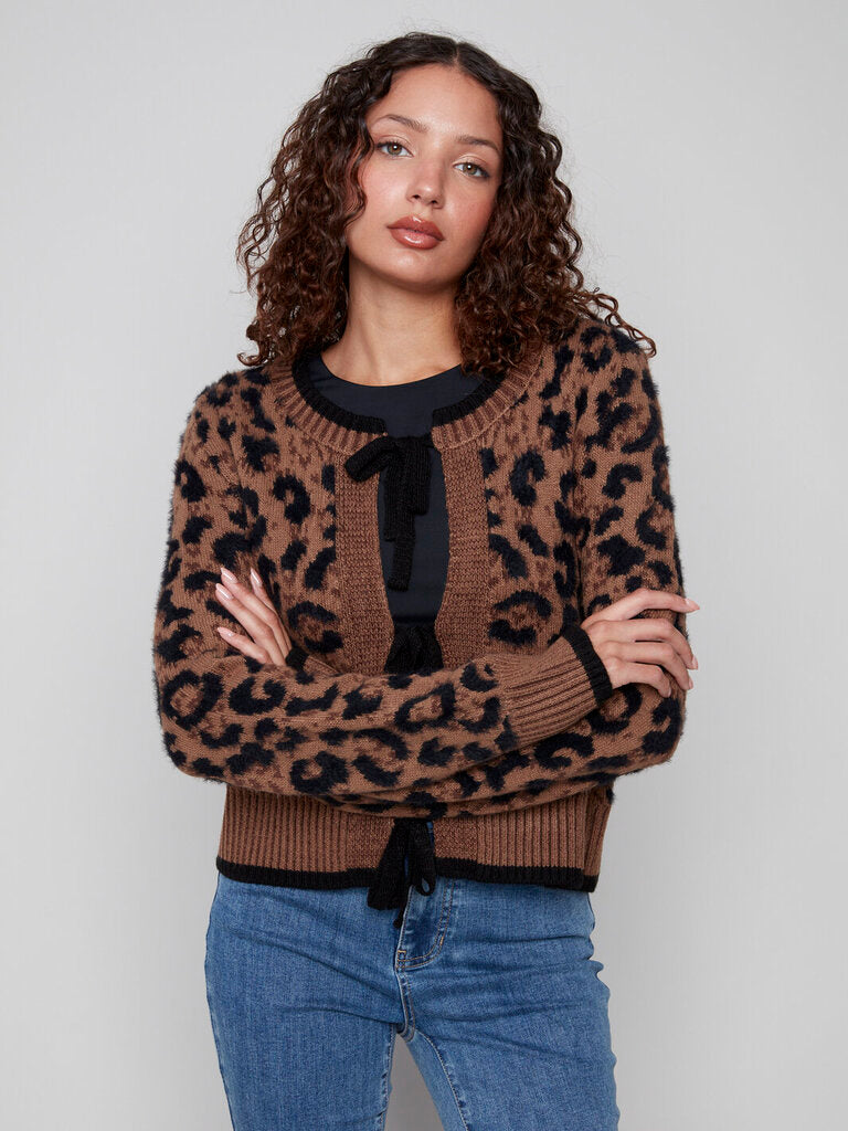 Charlie B Front Bow Tie Jacquard Knit Cardigan - Leopard