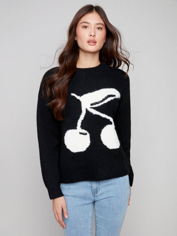 Charlie B Cherry Intarsia Fluffy Sweater - Black