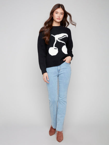 Charlie B Cherry Intarsia Fluffy Sweater - Black