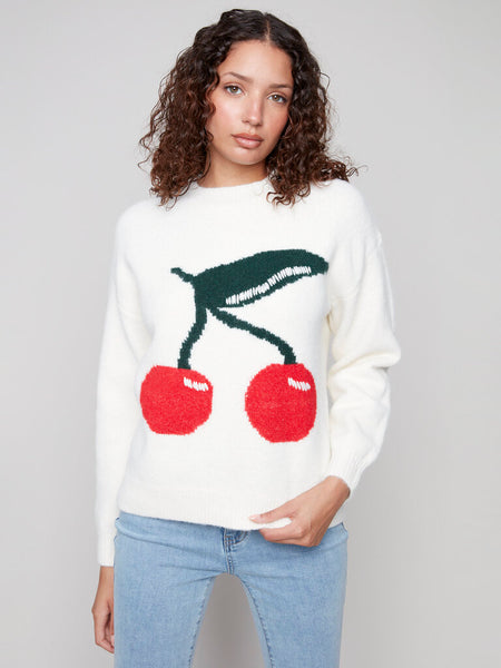 Charlie B Cherry Intarsia Fluffy Sweater - White