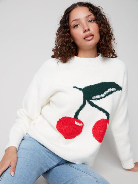 Charlie B Cherry Intarsia Fluffy Sweater - White