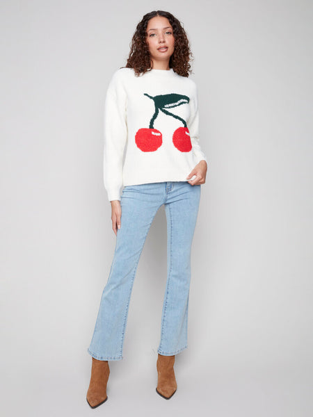 Charlie B Cherry Intarsia Fluffy Sweater - White
