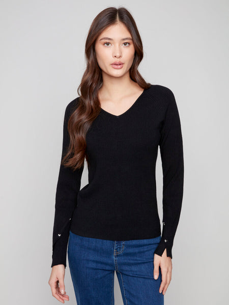 Charlie B Ribbed V-Neck Sweater With Heart Rivets - Black